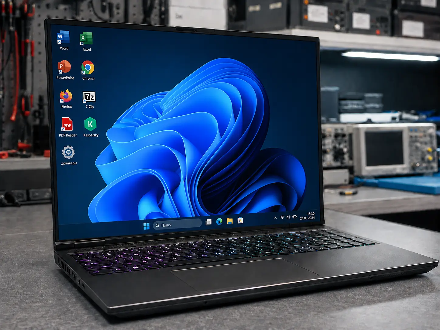 Игровой ноутбук с рабочим столом Windows 11 и отдельными ярлыками установленных программ